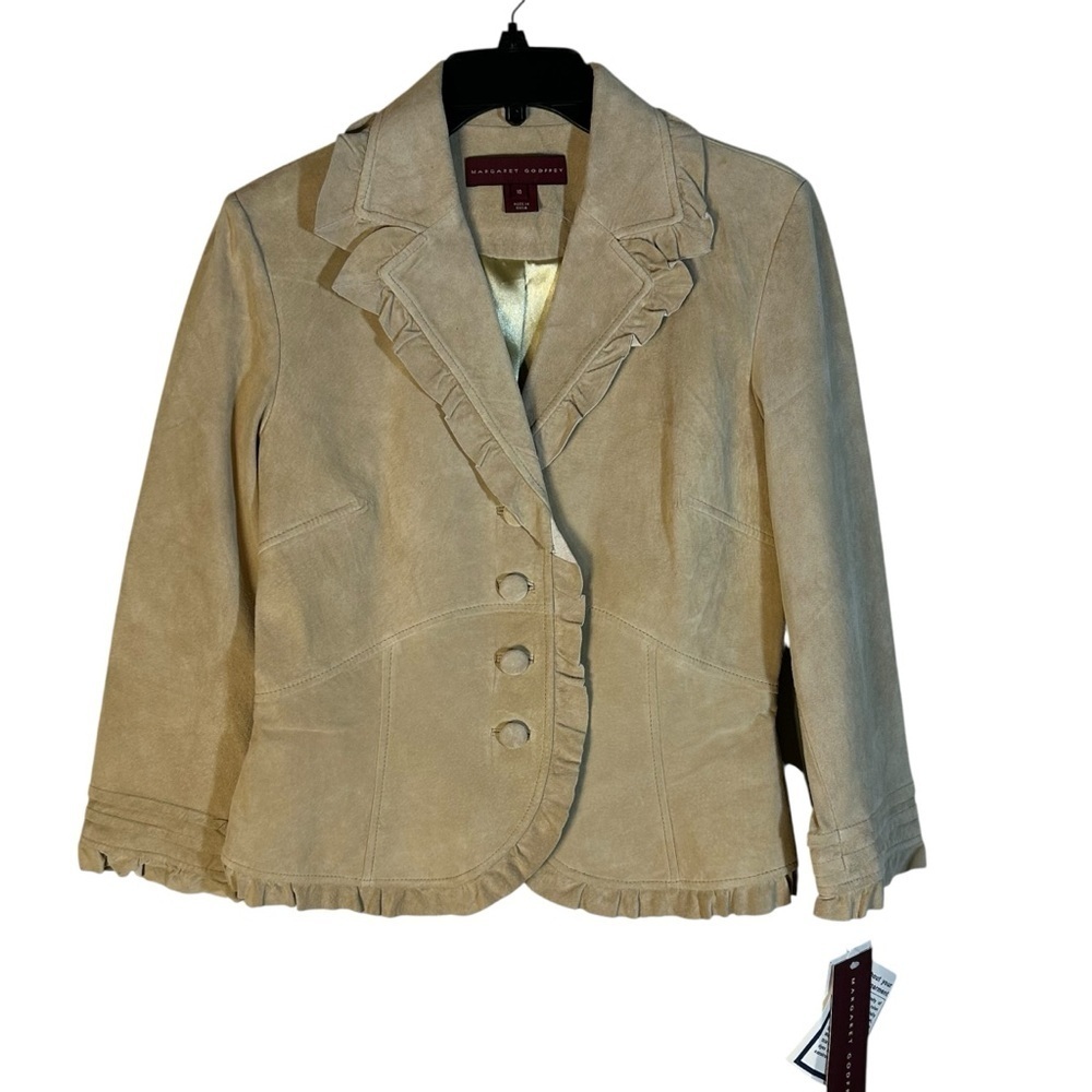 Margaret Godfrey Womens Size 10 Cropped Suede Jacket Ruffle Trim Tan Lined NEW